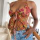 thumbnail image 2 of Slatcetga Mujeres Cuello En V Profundo Lazo Frente Top Cuello Halter Dobladillo Dividido Sin Espalda Traje De Verano Vintage Rosa Rojo S, 2 of 8
