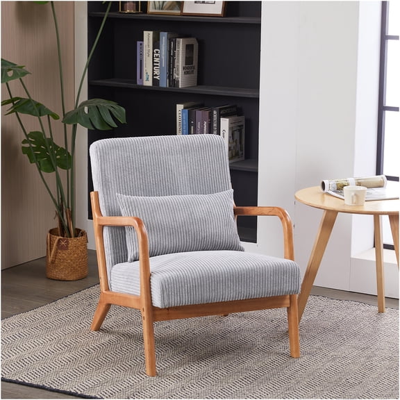 JERFIT Mid-Century Modern Accent Chair with Pillow, Upholstered Armchair for Living Room, Bedroom, Reading Nook, Light Gray Polyester Fabric on Solid Wood Frame