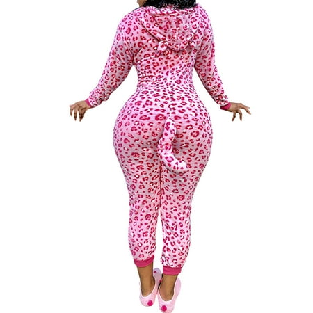 

Julycc Women Leopard Printed Hooded Jumpsuit Winter V Neck Zipper Pajamas Romper
