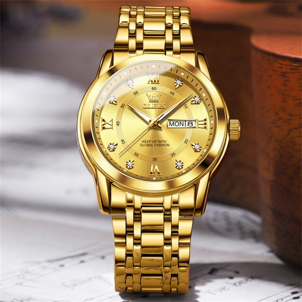 OLEVS Watches for Men Classic Business Dress Analog Quartz Stainless Steel Waterproof Luminous Date Diamond Mens Wrist Watches Relojes De Hombre,Gold/Blue/Black Dial