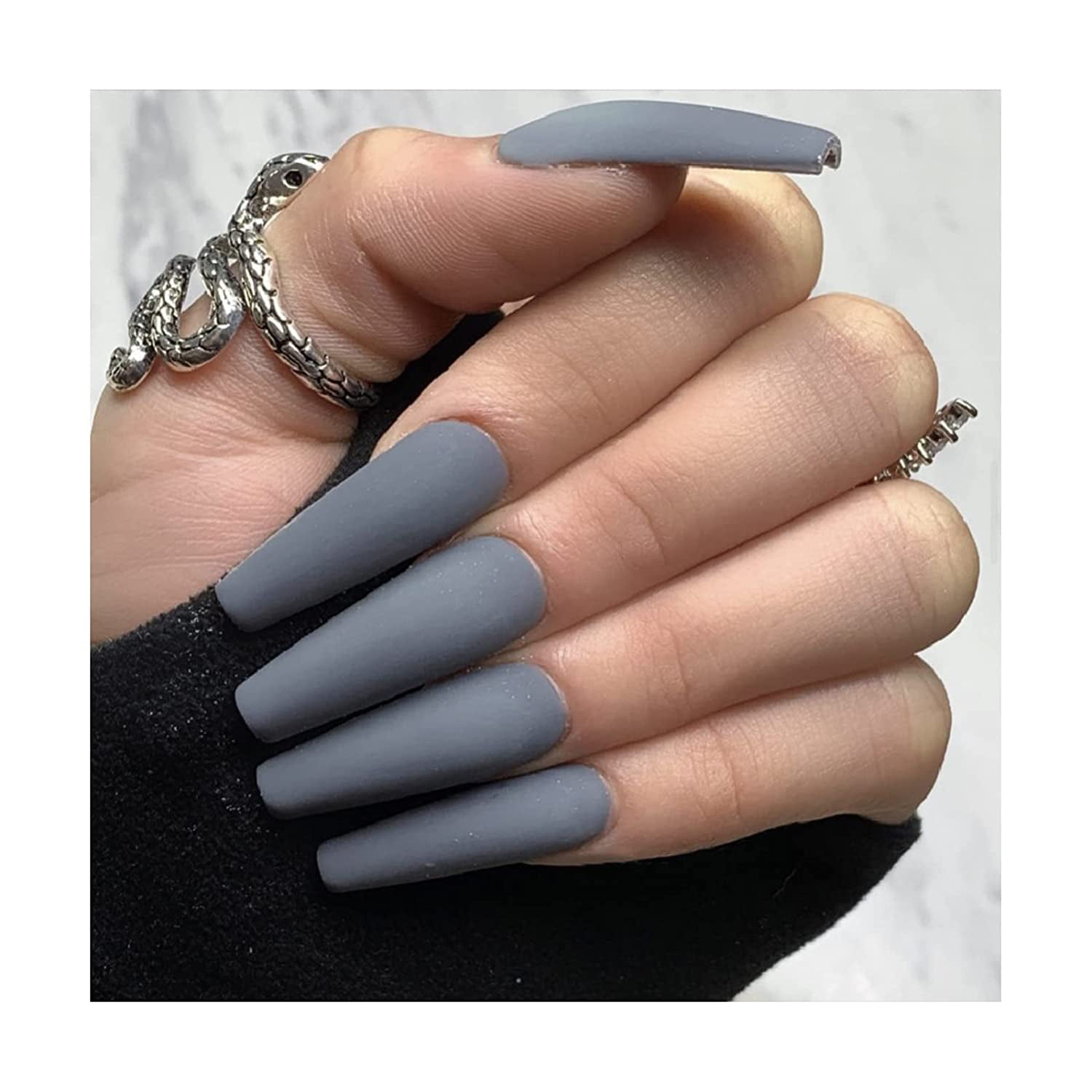 Press on Nails Long Color Gel Fake Nail, Solid Color Manicure Set Including  Jelly Glue, Nail File, Cuticle Stick, 24 Pcs. (dark grey \u2013 frosted) 