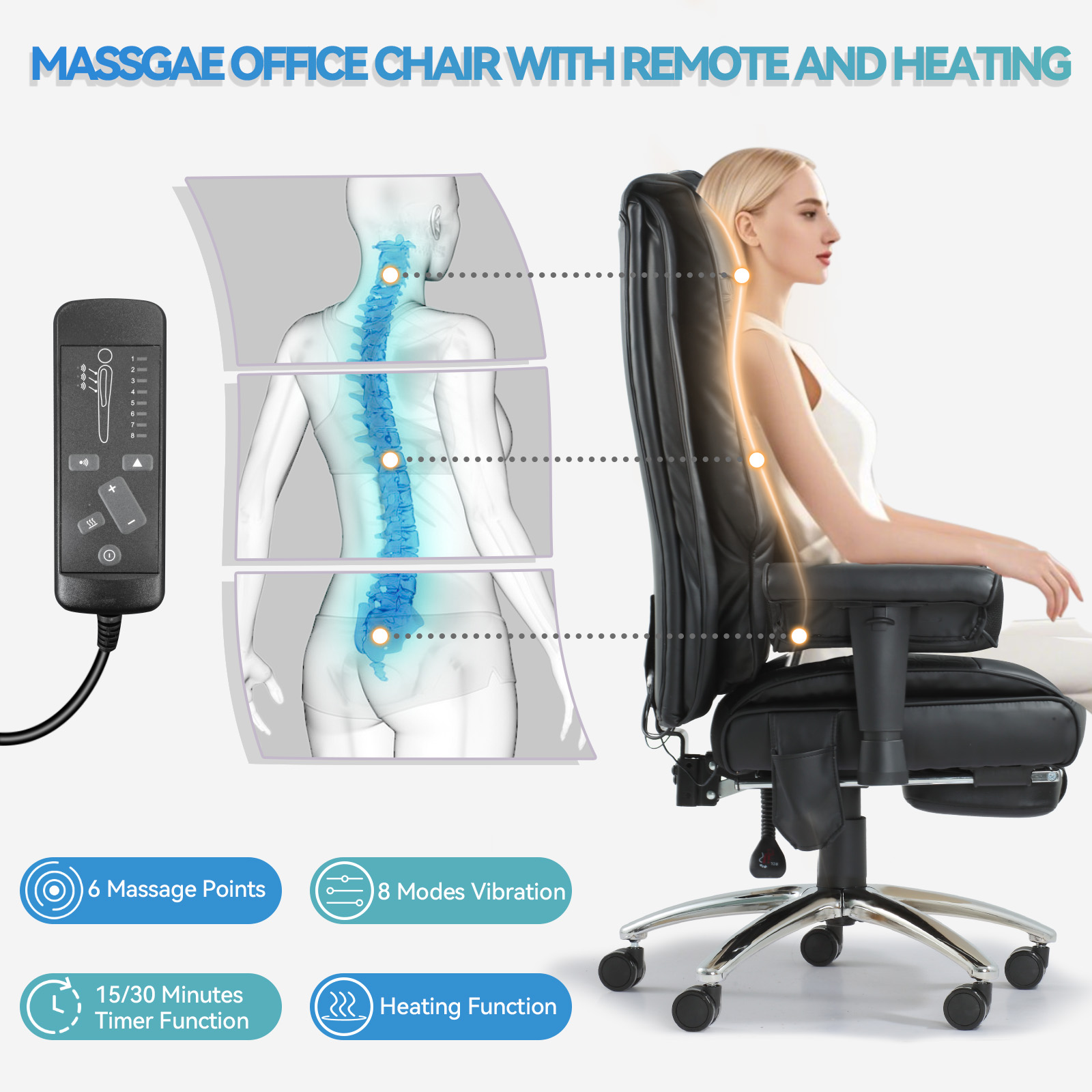 6-Point Massage Office Chair with Heating – Premium Ergonomic Executive Chair with Retractable Footrest & Reclining Function