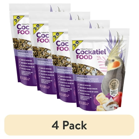 (4 pack) 3-D Pet Products Natural Premium Cockatiel  Bird Food, with 50% Fortified Pellets, 3 lbs, Dry
