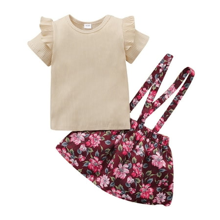 

4T Toddler Baby Girls Outfits Short Sleeve Solid Color Ruffle Sleeve T-shirt Top+ Floral Print Straps Suspender Skirts 2PCS Outfits Set 4-5T Apricot