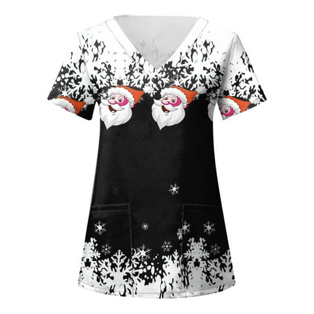 

Xutthjh Women Women Scrubs Top Casual Christmas Printed Short Sleeve Pocket Loose Caring Workwear Working Uniform Nurses Clothing