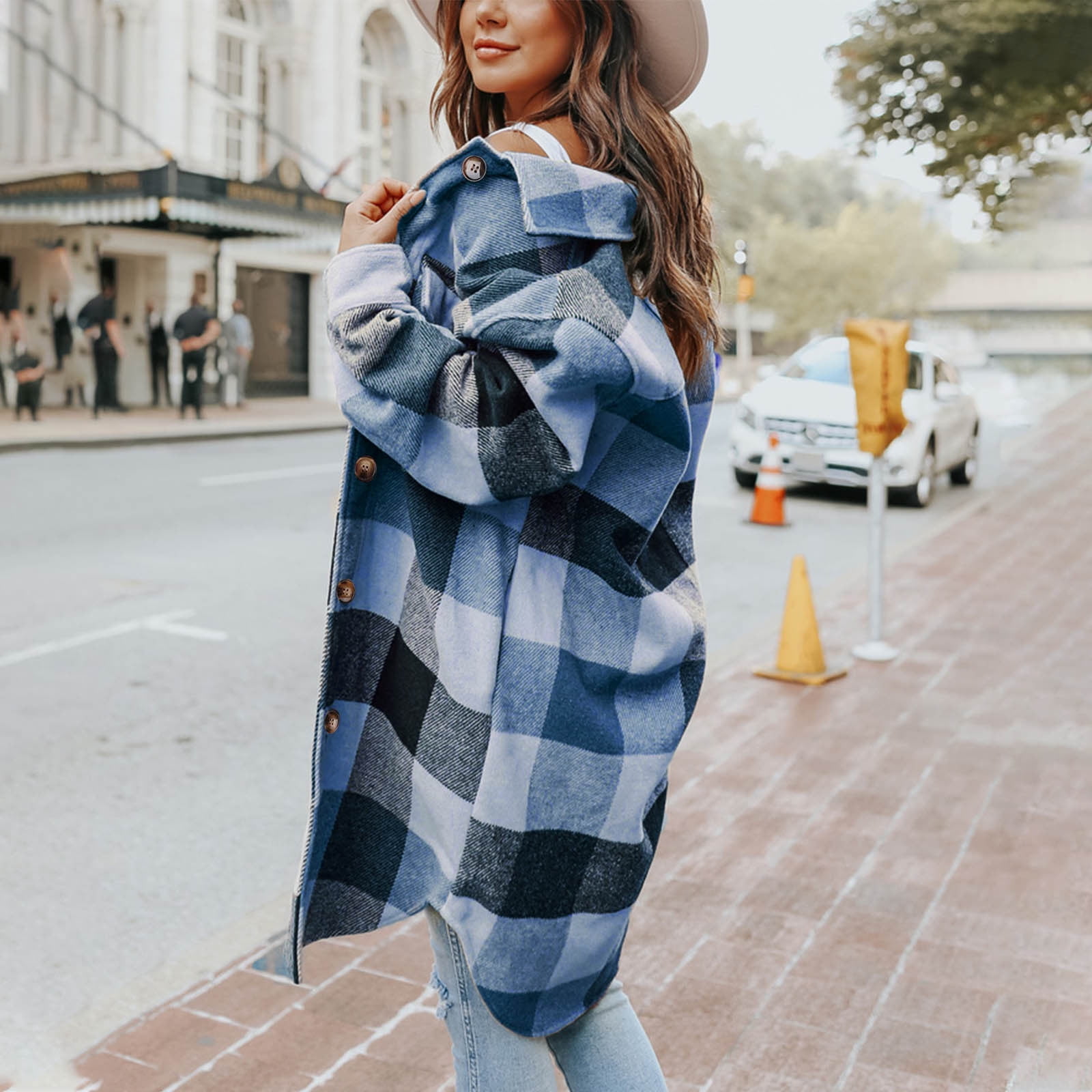 Onlasha Coat Long Check Shacket Royal Blue Womens High Neck Jacket