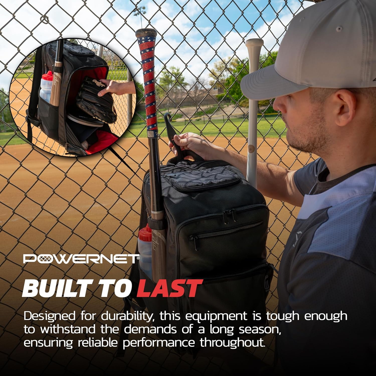 PowerNet Coach's Baseball Backpack, Softball & Baseball Bag for Coaching Gear with Laptop Sleeve and Zippered Pockets, Coach Bat Bag with Chain-Link Fence Hook and Luggage Strap