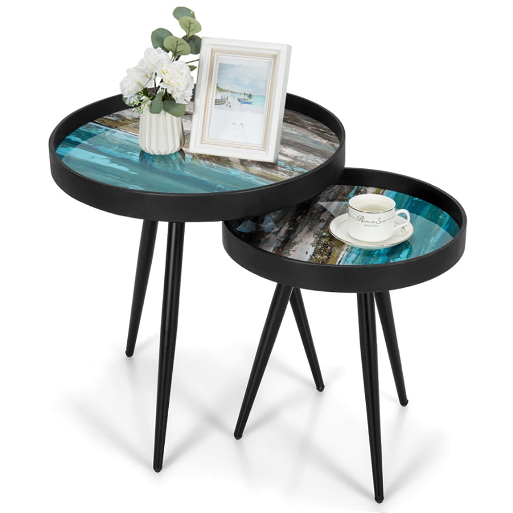 Finihen Round Nesting Coffee Table, Modern Nesting Side Set, Set of 2 Stylish Nesting End Tables with Wooden Tray Top and Steel Legs, for Living Room, Bedroom, Reception Room, Black Finihen Round Nesting Coffee Table, Modern Nesting Side Set, Set of 2 Stylish Nesting End Tables with Wooden Tray Top and Steel Legs, for Living Room, Bedroom, Reception Room, Black