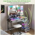 thumbnail image 4 of Gurexl Vanity with Mirror and LED Lights, Glass Top Vanity Desk with Charging Station(Wireless+USB+Type-C), RGB Makeup Table Set with Stool/Makeup Organizer/6 Drawers, Grey, 4 of 8