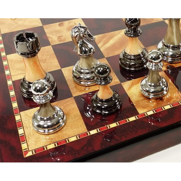 Staunton Chrome  Black Pro Plastic Chess Men Set W 18" Gloss Cherry Color Board