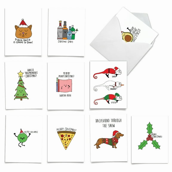 10 Merry Christmas Note Cards Assorted (4 x 5.12 Inch) - Fun Christmas Puns