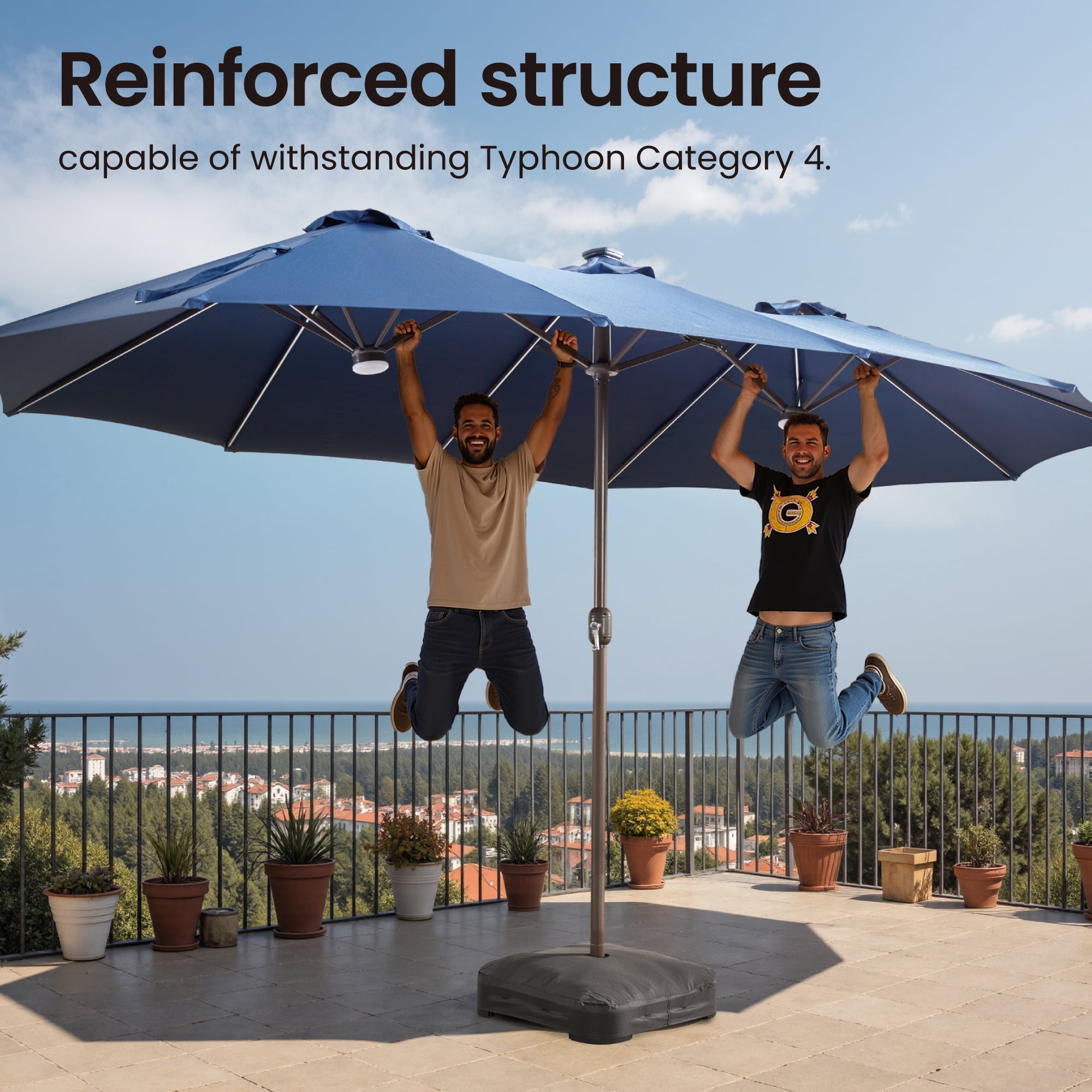 Ovios 15ft Solar LED Patio Umbrellas Double-Sided Outdoor Umbrella with 156 Colorful LED Lights Large Poolside Umbrella with Base, Blue
