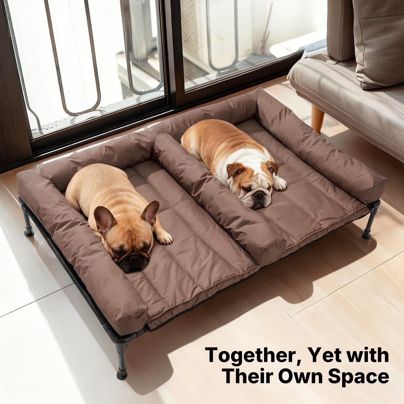 Veehoo Cooling Raised Dog Bed + Removable Double Dog Bed Cushion for Two Medium Dogs, Elevated Dog Bed with Waterproof Bolster Mat, Breathable Mesh, No-Slip Feet, Dog Couch Bed, Brown CWC2331D