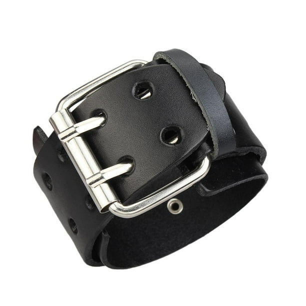 Brazalete de cuero PU Sunnimix Doble Aleación Hebillas Negro Pulsera de hombre