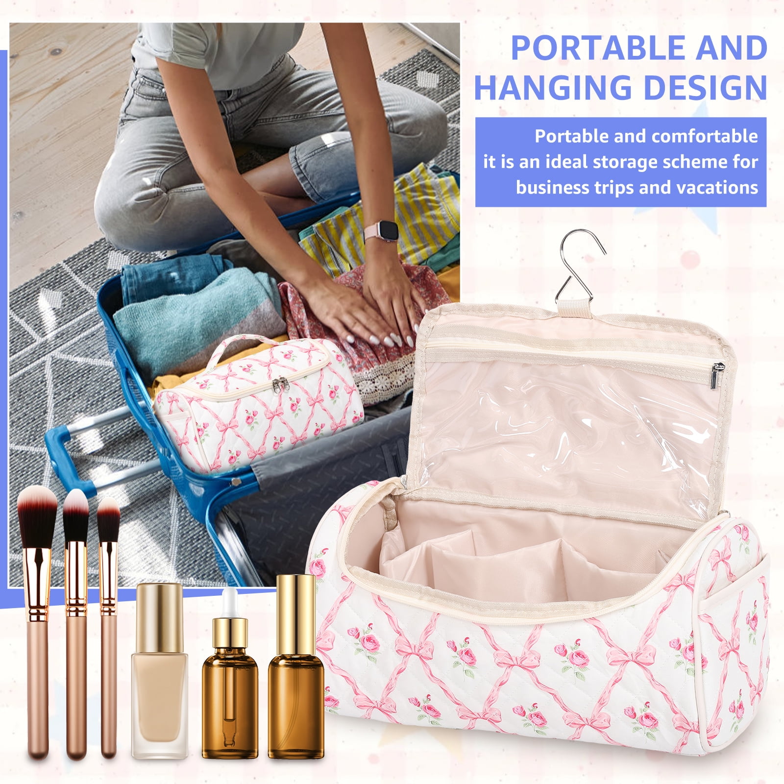 NUAHRHY Travel Makeup Bag with Handle, Cosmetic Organizer Bag Toiletry Bag for Women Girls, Cute Travel Essentials Case with Compartments, Vertical Make up Storage Bag Hair Dryer Holder