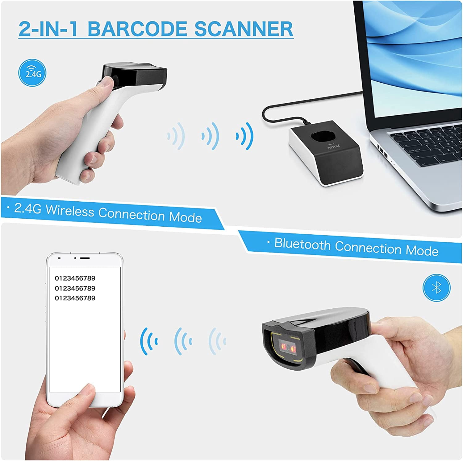NETUM Wireless Hybrid RFID Imager, NFC HF RFID Tags Reader and 1D/2D QR Barcode Scan, Connect via Bluetooth for Retail Hospitality System DS8100