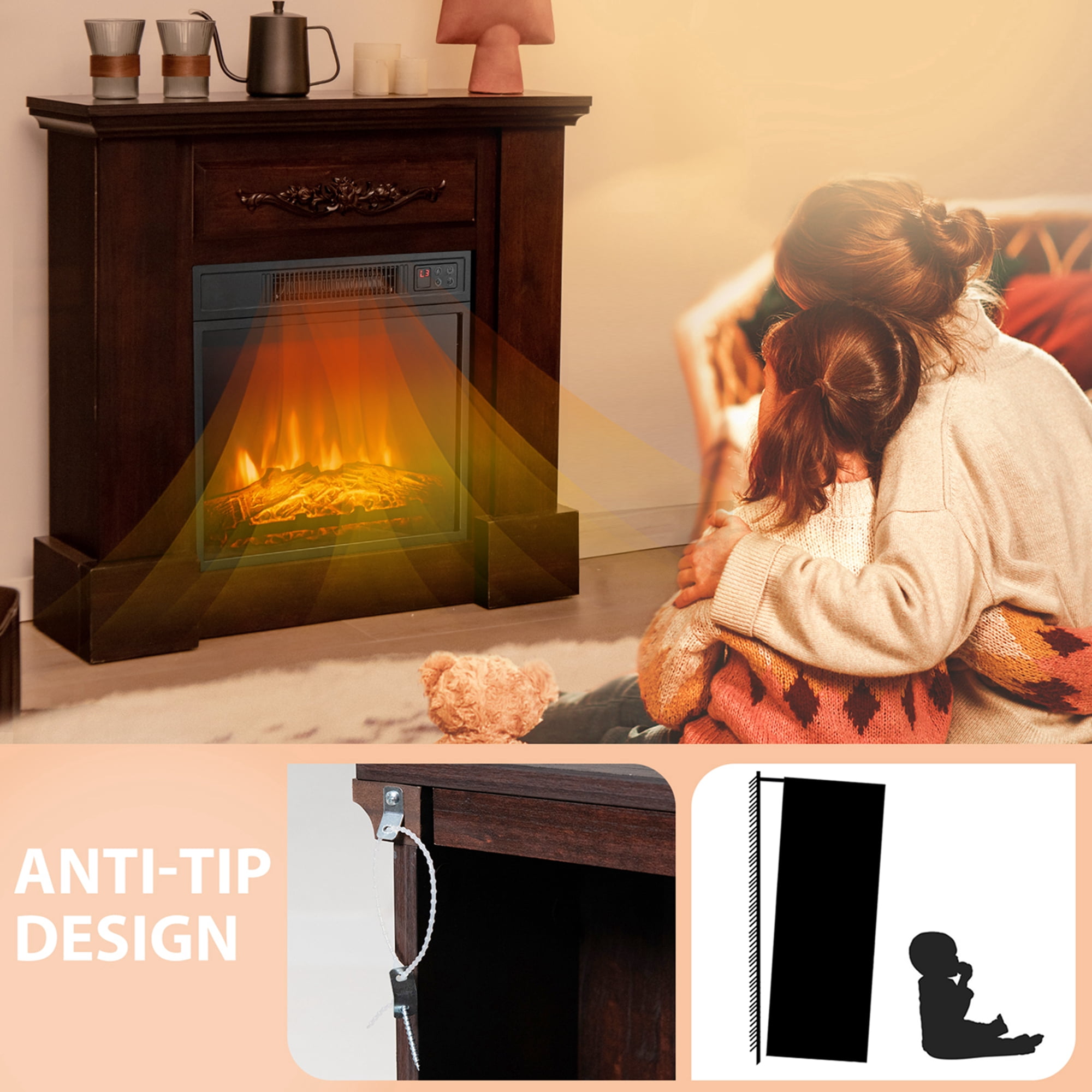 Costway 32" Electric Fireplace Mantel TV Stand Space Heater w/Remote Control 1400W Brown
