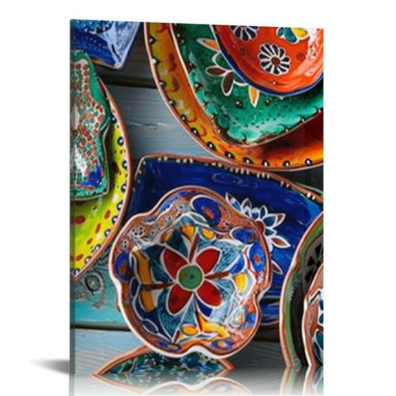 Shiartex  Colorful Mexican Wall Art Canvas Vintage Mexico Talavera Pottery Decorative Plate Picture Painting for Home Kitchen Mexican Restuarant Decorations Ready to Hang 12x16 in