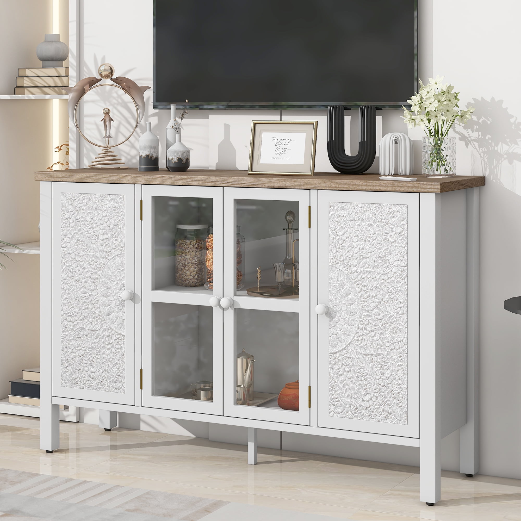 Euroco 47.2'' Retro TV Stand for TVs up to 43 Inches, Entertainment Center Media Console Cabinet with 3 Spacious Cabinets, Glass Cabinet Doors and Anti-tip Device for Living room