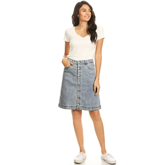 Womens Stretch Denim Jean Button Flare Vintage Skirt With Side Pocket