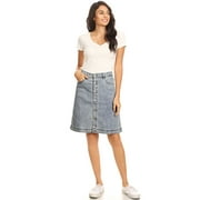 Womens Stretch Denim Jean Button Flare Vintage Skirt With Side Pocket