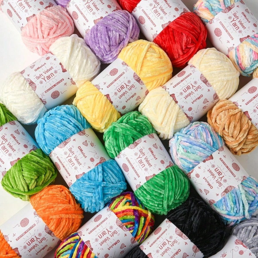 20 Pack Chenille Chunky Yarn  Yarn for Crocheting Soft White Black Brown Green Red Pink Blue Rainbow Veet Yarns Crochet Blanket Amigurumi Yarns Pack with Crochet Accories B