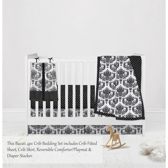 Bacati - Classic Damask 4-Piece Crib Bedding Set with Diaper Stacker - Black/Grey/White Unisex
