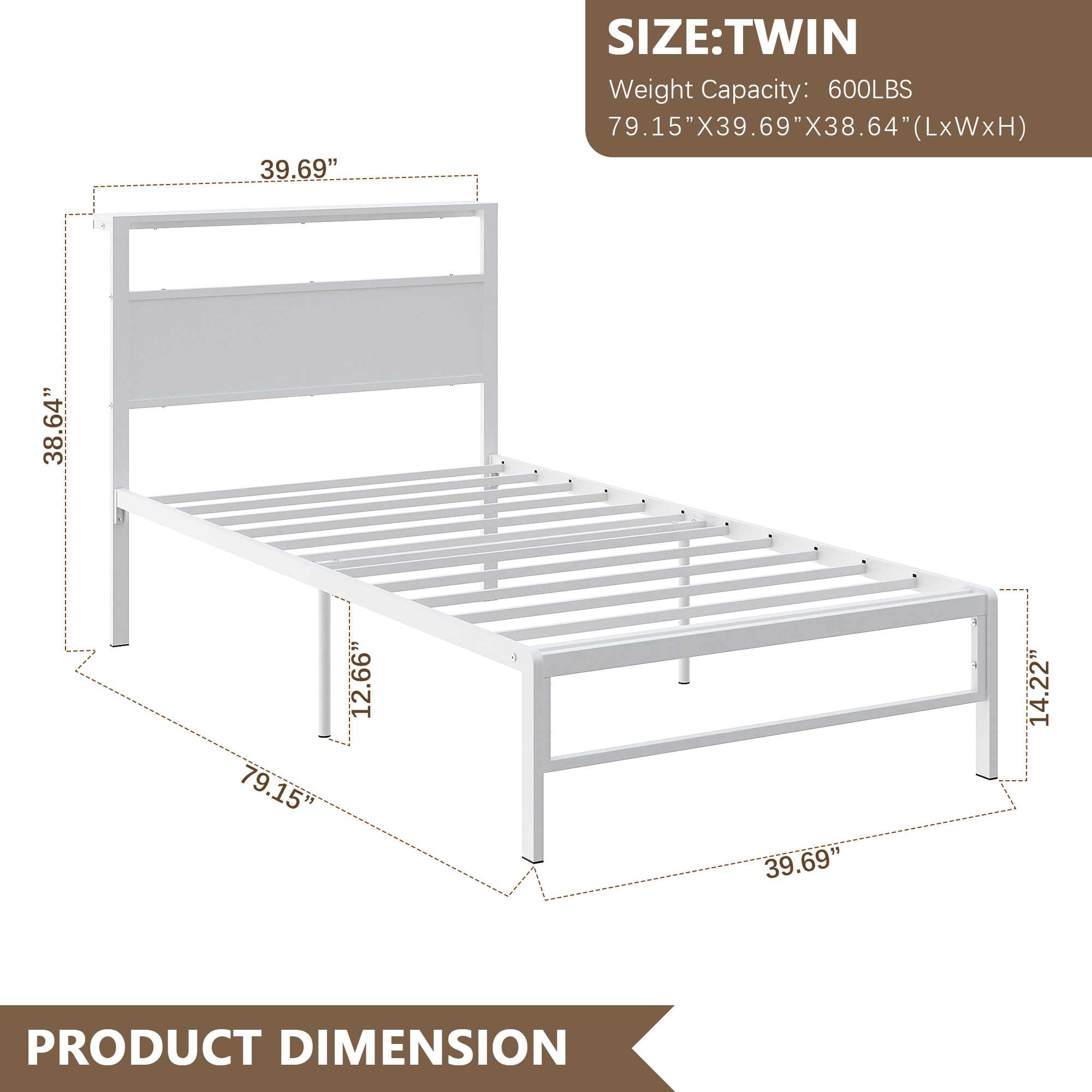 Yoneston Kids Twin Size Metal Platform Bed Frame with Storage Headboard, 12” Single Mattress Foundation for Childs Adults, White