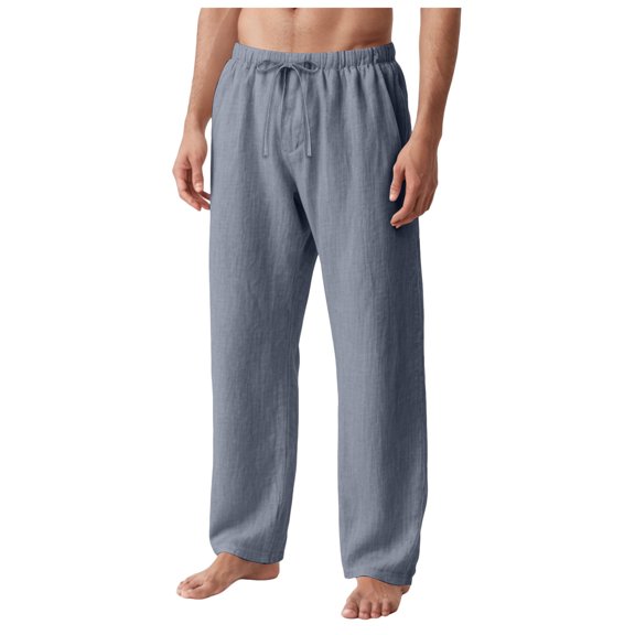 WOLIAUO Mens Linen Pants Summer Beach Pants Casual Loose Fit with Waist Drawstring Lightweight Vacation Clothing (L Light Gray)