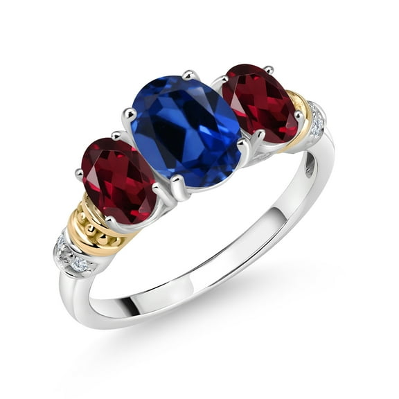 Gem Stone King 925 Silver and 10K Yellow Gold Oval Blue Created Sapphire Red Rhodolite Garnet and Diamond 3 Stone Ring for Women (2.63 Cttw, Gemstone September Birthstone, Size 5)
