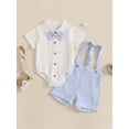thumbnail image 4 of Loicainy Infant Baby Boy Gentleman Outfit 3 6 9 12 18 Month Solid Color Short Sleeve Lapel Neck Romper with Stripe Suspender Shorts and Bowtie, 4 of 9