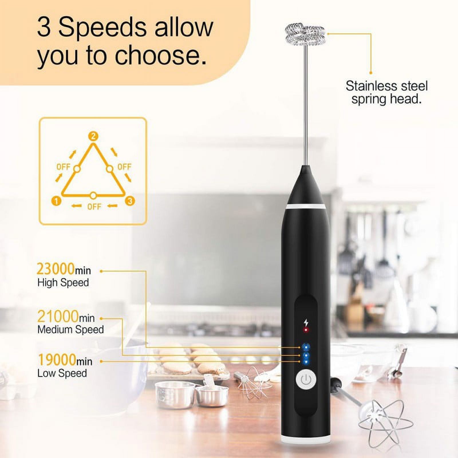 LNKOO USB Rechargeable Milk Frother Handheld Multi-functional Electric Foam Maker with 2 Stainless Whisks, 3-Speed Adjustable Mini Milk Foamer, Perfect for Blending Bulletproof Coffee, Latte