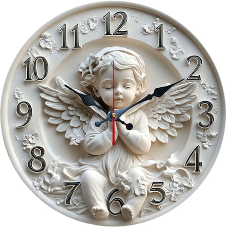 Hoease 10 Inch Silent Wall Clock, 3D Embossed Praying Angel Decorative Wall Clock, Battery Operated Non-Ticking Round Clock for Living Room Bedroom Nursery Home Decor
