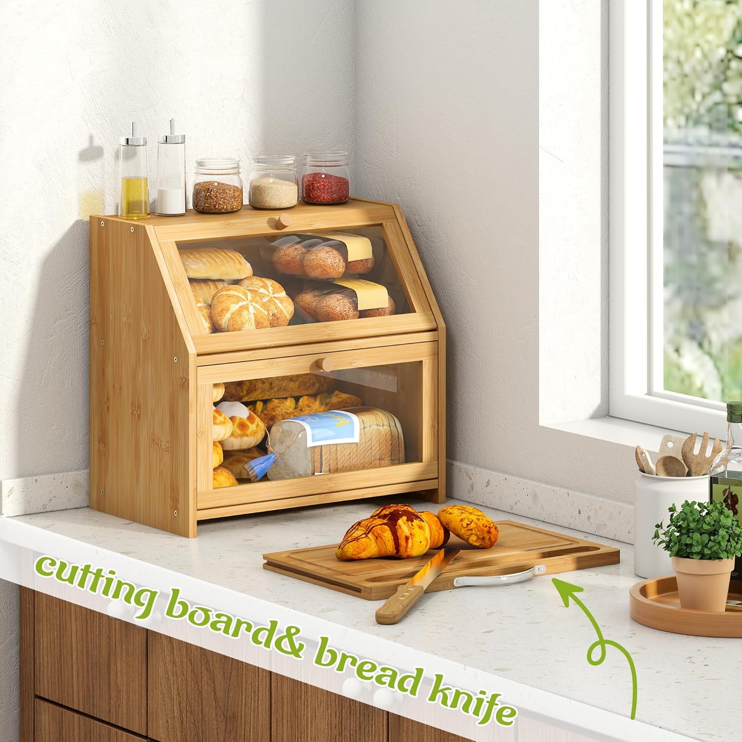 Bread Box with Cutting Board Kitchen Bread Storage Organizer Farmhouse Countertop Double Bamboo Wood Bread Box(Natural)