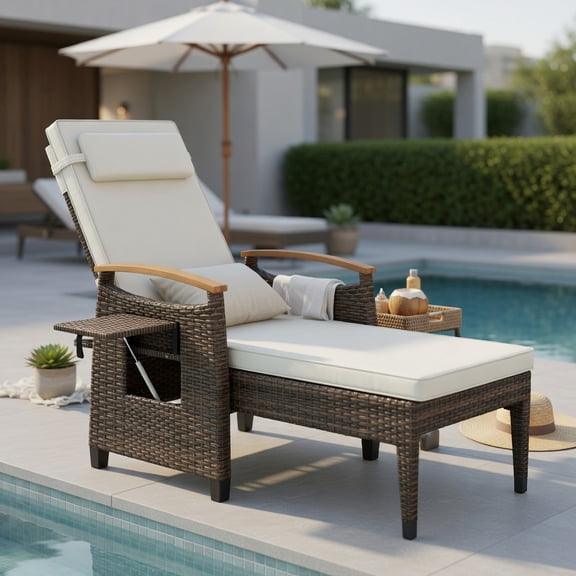 Hommoo Adjustable Outdoor Wicker Recliner Chair with Footrest & Removable Cushions, PE Rattan Patio Seating for Backyard, Porch, Balcony, White