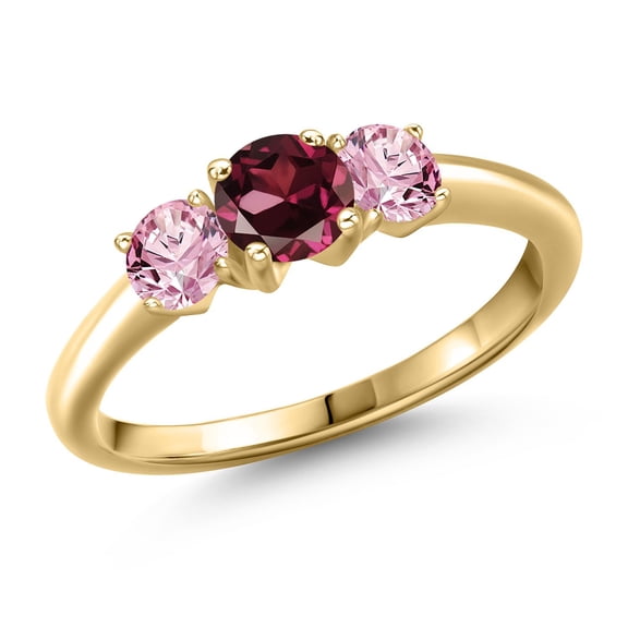 Gem Stone King 10K Yellow Gold Red Rhodolite Garnet and Pink Lab Grown Diamond Engagement Ring for Women | 1.10 Cttw | Round 5MM | Gemstone January Birthstone | Size 6