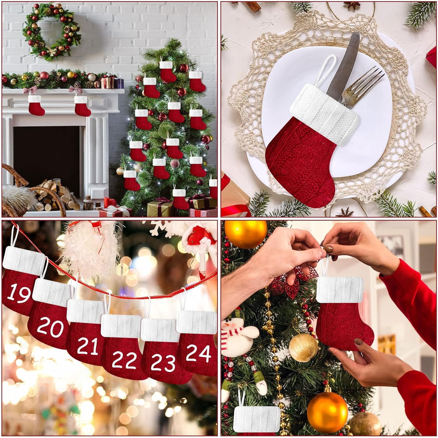 24PCS Christmas Mini Stockings Red Cable Knit Xmas Rustic Stocking Mini Stockings Christmas Bulk Little Holiday Hanging Decorations Christmas Tree Ornaments for Fireplace Mantel Tree Party Decor
