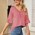 thumbnail image 2 of Camiseta Casual Falbala Cuello En V Media Manga Acampanada Tops Sueltos De Moda Básicos Para Mujer Rosa L, 2 of 6