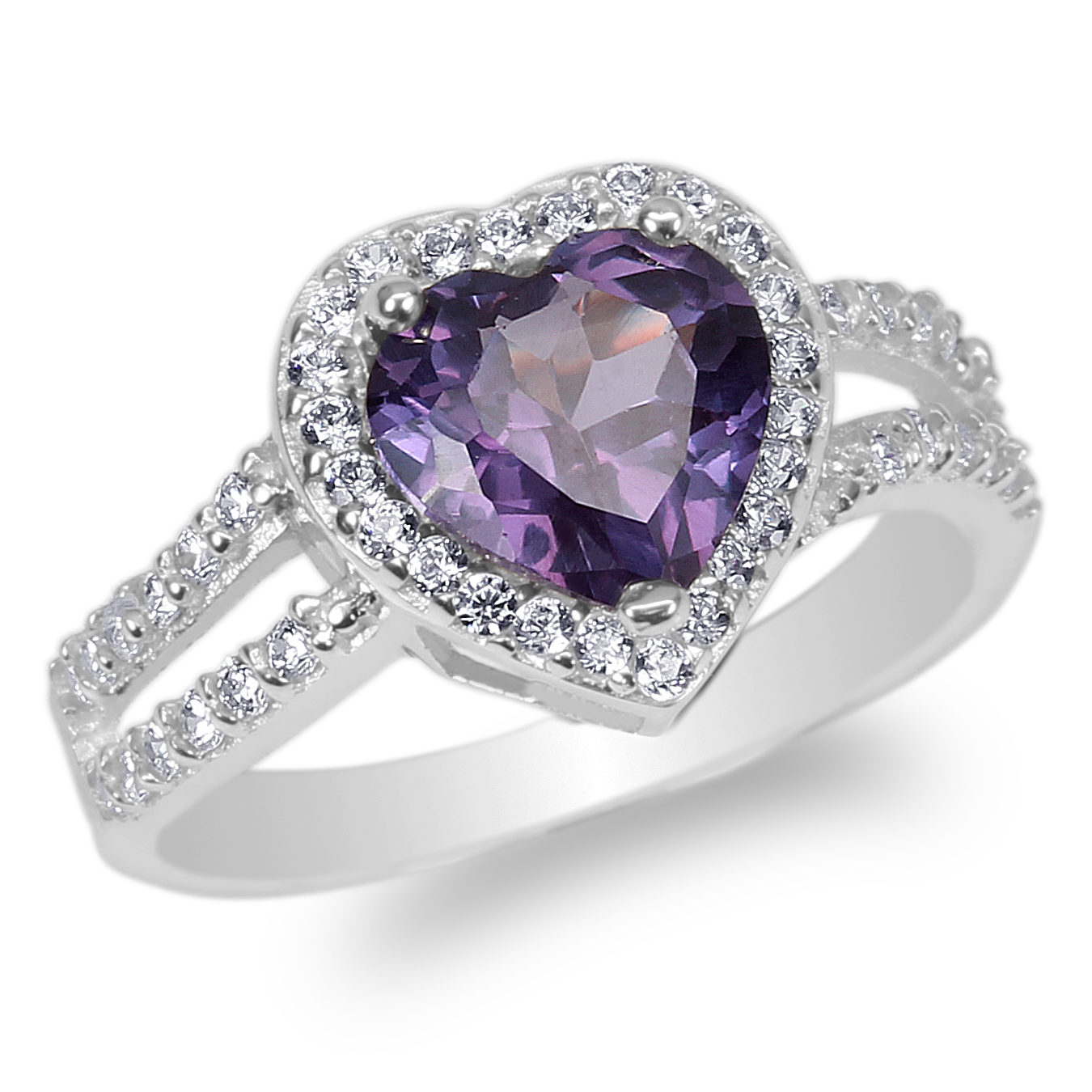 Ladies 10K White Gold 1.8ct Heart Purple CZ Halo Beautiful Ring Size 4 ...