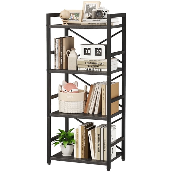 Bookshelf, 4 Tier Small Bookcase, Organizers and Storage, Metal Small Bookcase, Rustic Book Shelf Organization and Storage for Living Room, Bedroom, and Home Office(Rustic Brown)