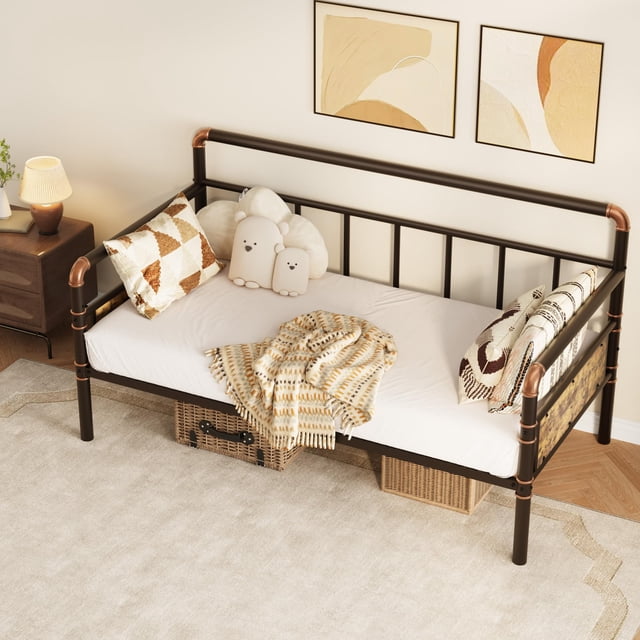QinaQin Diván individual con diseño clásico de cabecera, estructura de metal y MDF con listones resistentes, ideal para sala, recámara o cuarto de visitas