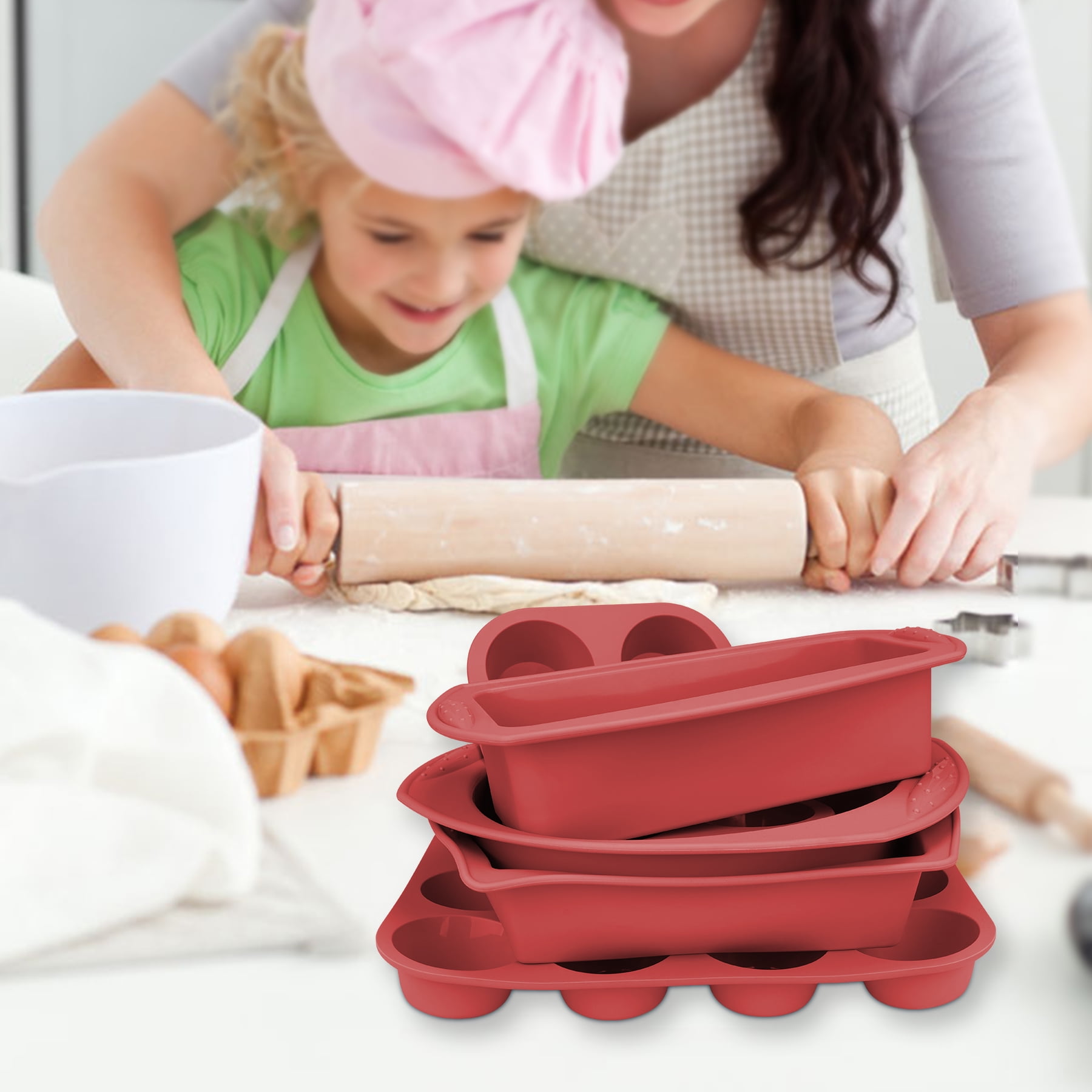 Aschef 7-Piece Non-Stick Silicone Baking Tray Set, Muffin, Loaf, Bread, Pizza, and Cake Pan-Red