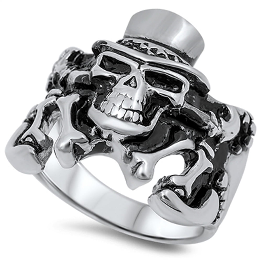 OIDEA 2Pcs Bikers Stainless Steel Gothic Skulls Ring,Black Silver Size 8-15