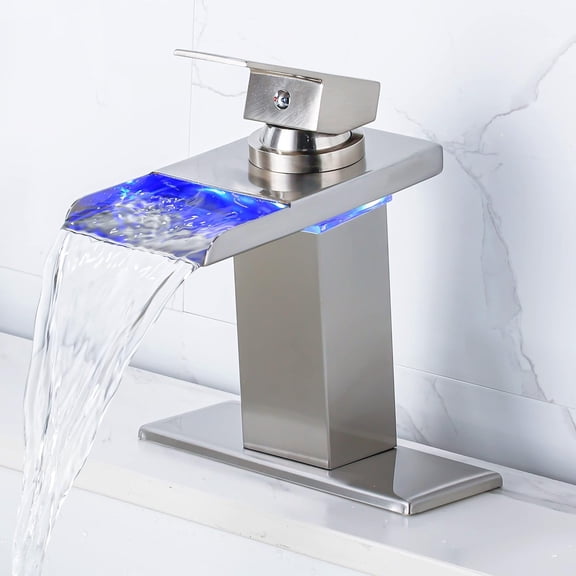 Zovajonia LED Waterfall Bathroom Faucet Brushed Nickel Single Handle Basin Sink Mixer Tap