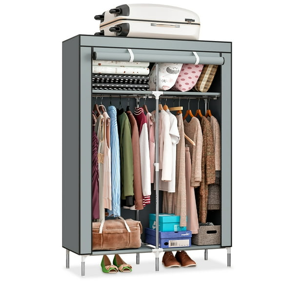 Portable Wardrobe Storage, Freestanding Closet Organizer, Non-Woven Fabric Cover Clothes Organizer with 2 Hanging Rods, Clothing Closet for Hanging Clothes, Bedroom, Apartment, Dorm，Silver Grey