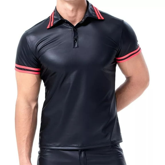 Men Shiny Leather T-shirt, Soft Matte Leather, Plus Size 3XL, Male Black Leather Short Sleeve Shirt