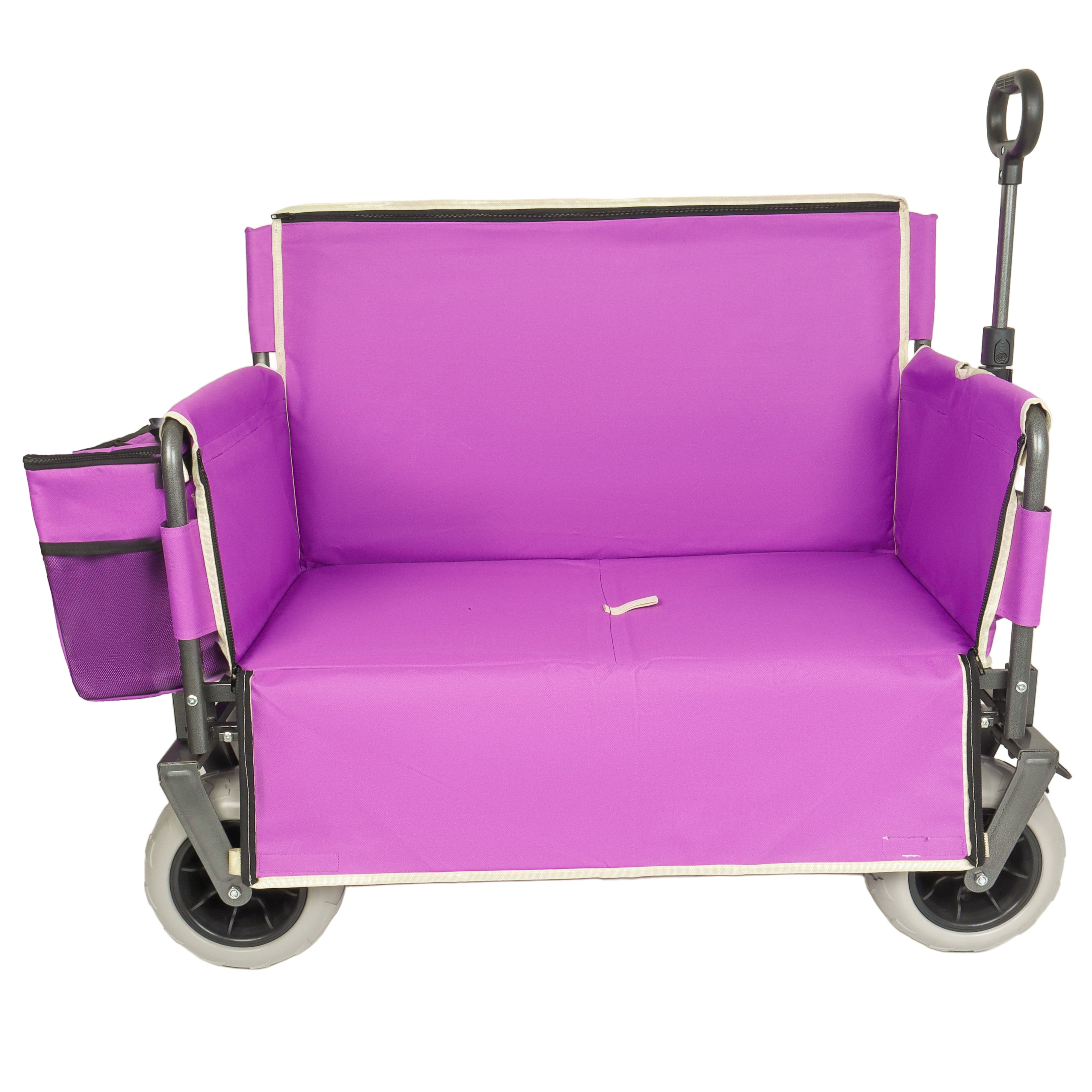 Patented 3‑in‑1 Heavy‑Duty Folding Wagon Cart with Bench Seat & Storage, 500lbs 180L All‑Terrain Utility Wagon with 1 Ice Pack, for Camping Beach Sports Garden Fishing, Purple