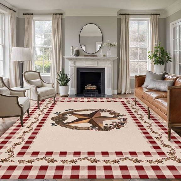 Rectangle Area Rugs 8 x 10 Ft, Western Texas Star Vintage Non-Slip Residential Carpet, Rustic Wreath Red Beige Plaid Indoor Crawling Mats Runner Rugs for Living Room/Dining Room/Bedroom