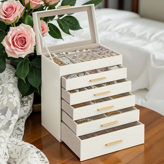 LEDREM Jewelry Box, 6-Layer Jewelry Organizer with Glass Lid & 5 Drawers, Modern Velvet-Lined Storage Box for Dresser/Vanity, Jewelry Boxes, Cloud White and Gold Color