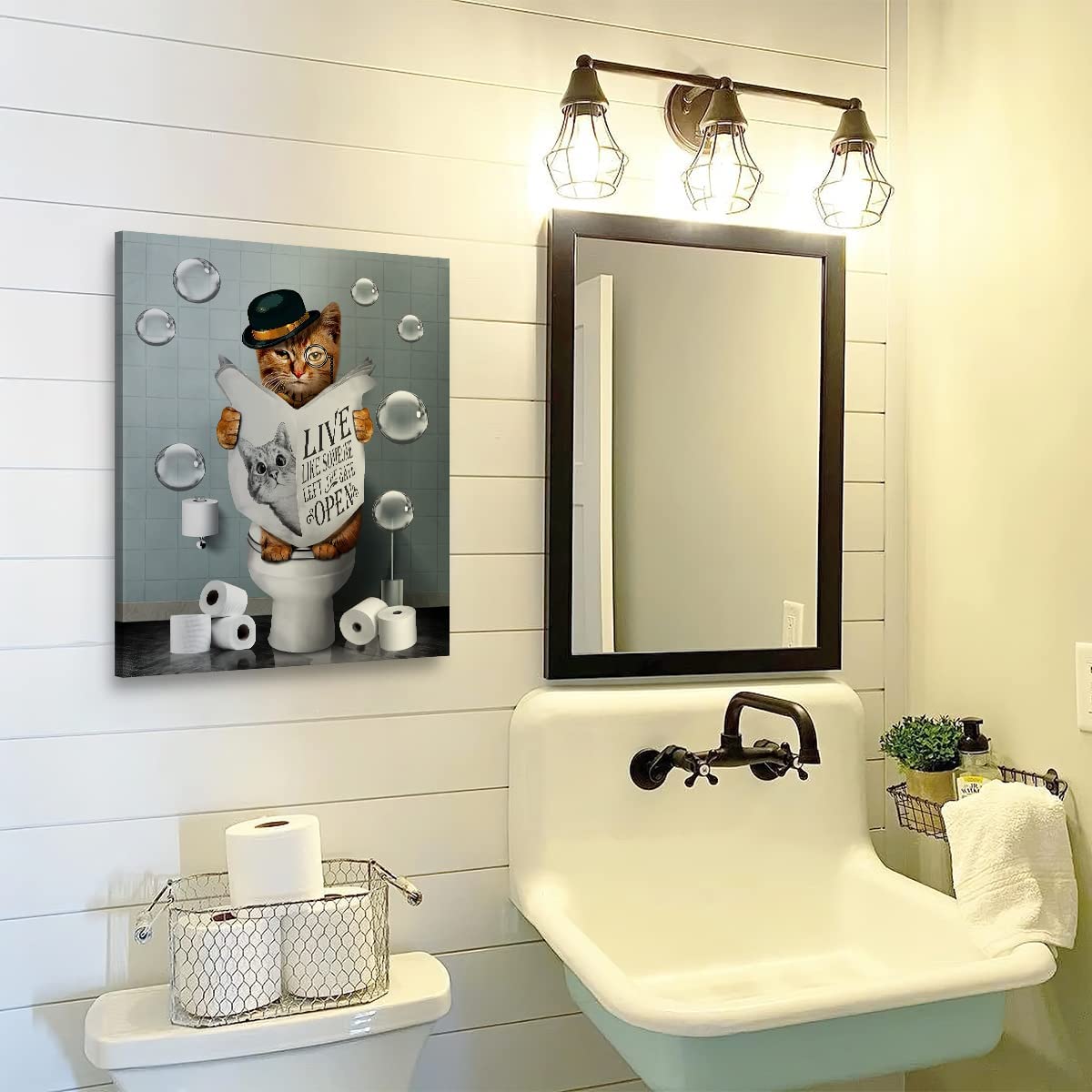 Bathroom Decor Canvas Wall Art Cute Cat Sitting in Toilet Reading Newspaper  Pictures Farmhouse Bathroom Animals Wall Decor Painting for Bathroom Toilet  Artwork Framed 12